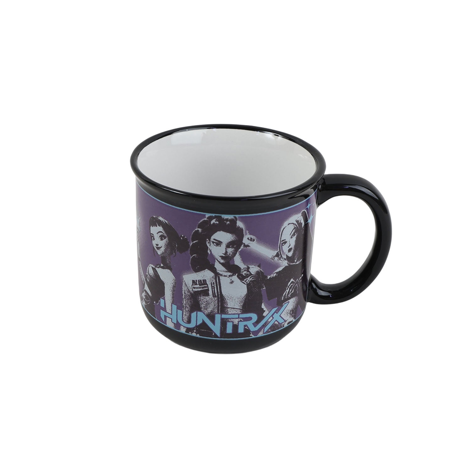 Black 14oz ceramic mug with character graphic and blank interior rim