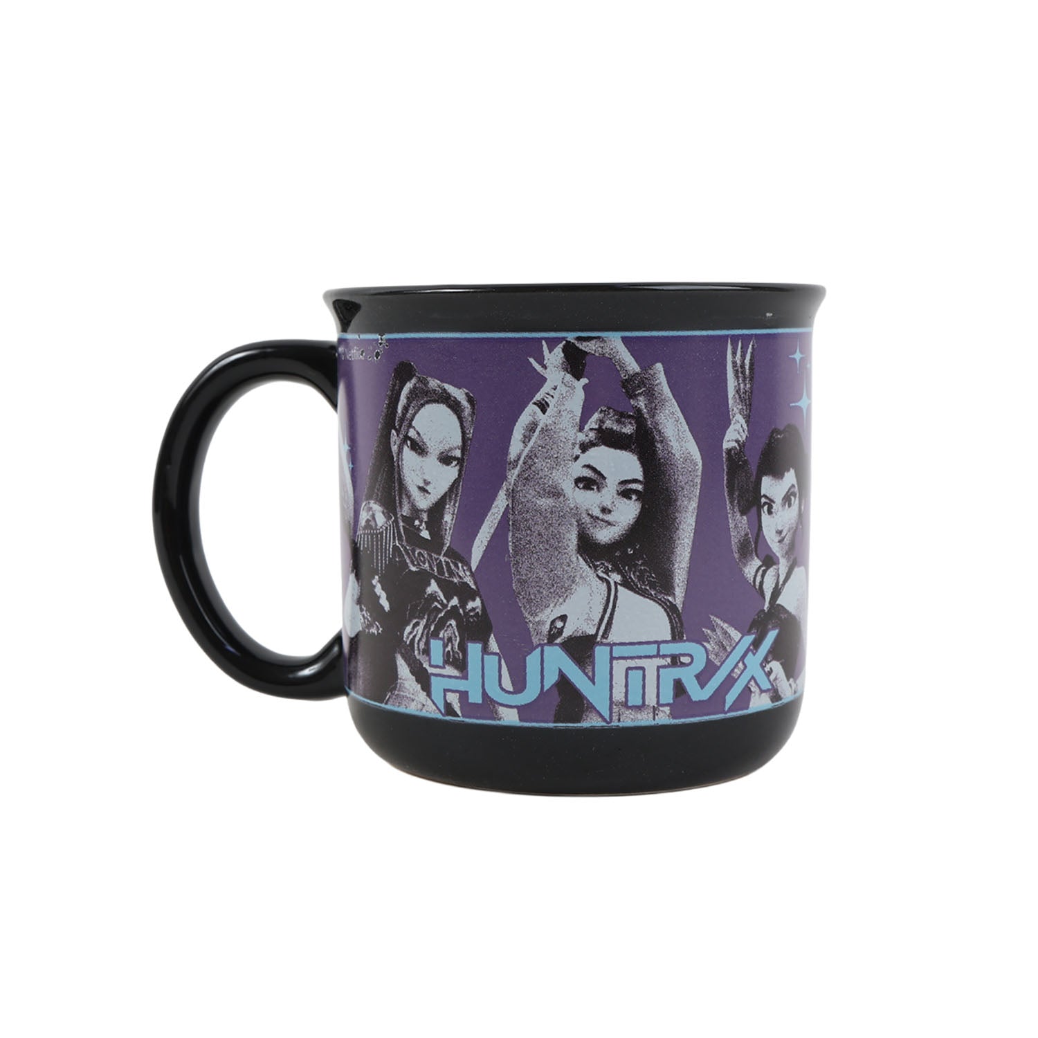 Black 14oz ceramic mug with character artwork, raised hands, and blue logo