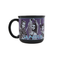 Black 14oz ceramic mug with character artwork, raised hands, and blue logo