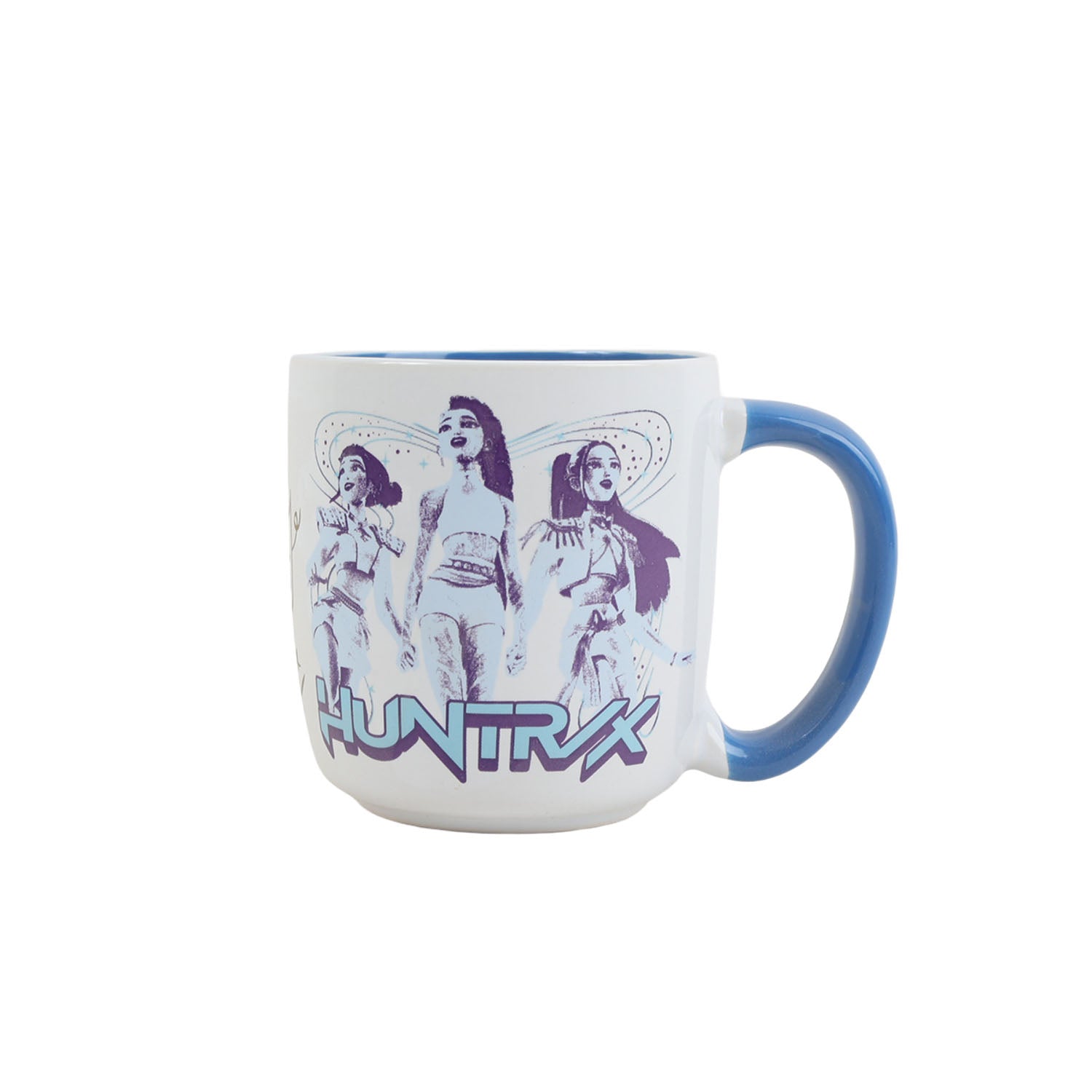 White 13oz mug with blue handle and purple K-HUNTRX character print