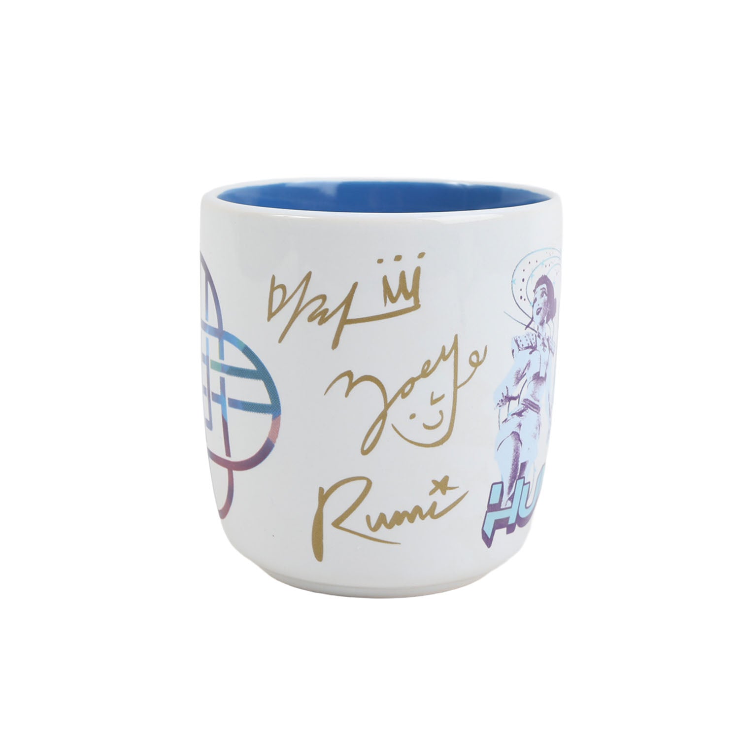 White 13oz mug with blue interior, blue handle, and gold signature-style artwork