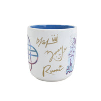 White 13oz mug with blue interior, blue handle, and gold signature-style artwork