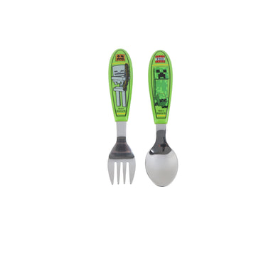 2-piece metal spoon and fork set with green Minecraft-style handle graphics