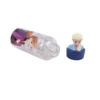 Side view 560ml character-printed water bottle with blue figurine cap, clear screw-top