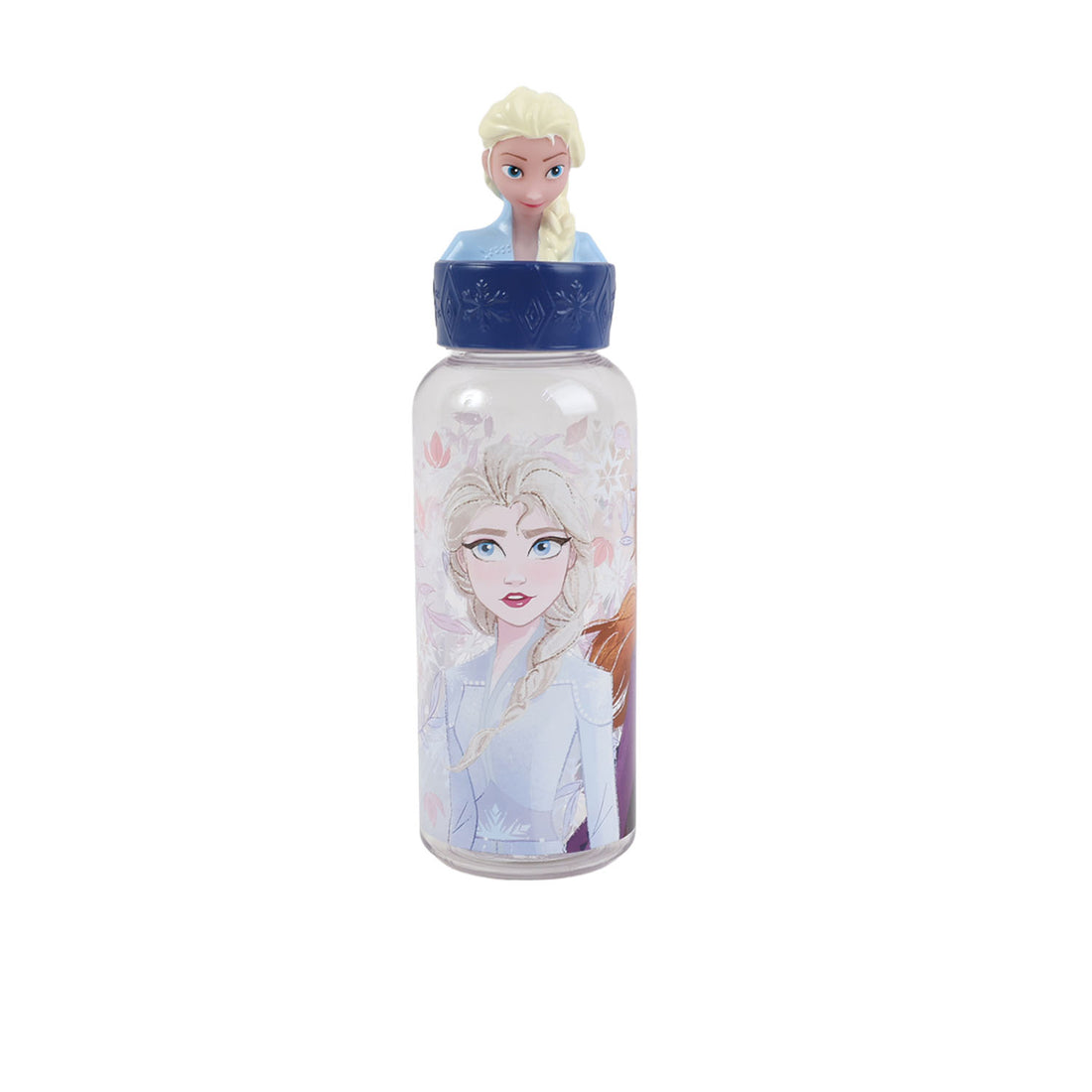 Front view 560ml character-printed water bottle with blue figurine cap and clear lid