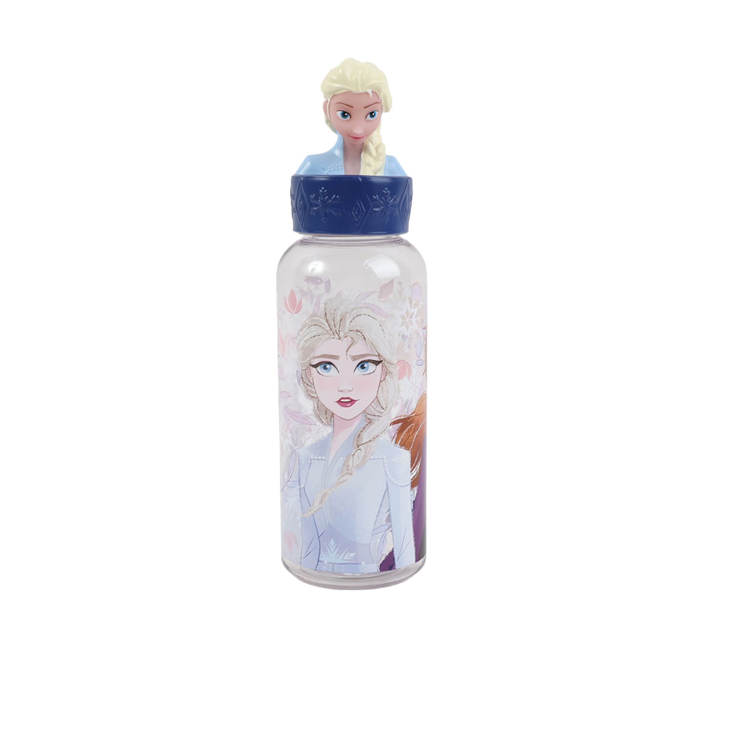 Front view 560ml character-printed water bottle with blue figurine cap and clear lid