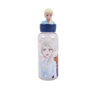 Front view 560ml character-printed water bottle with blue figurine cap and clear lid