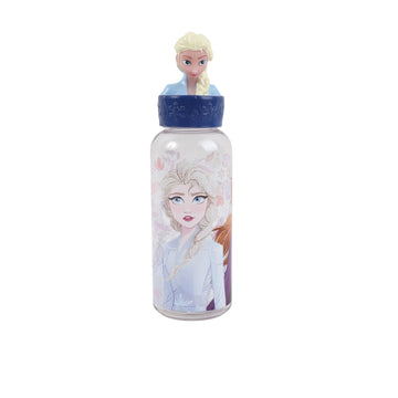 Front view 560ml character-printed water bottle with blue figurine cap and clear lid
