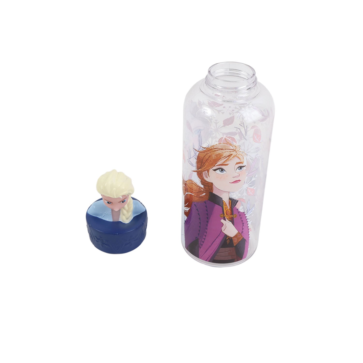560ml character-printed water bottle with blue figurine cap and clear screw-top lid