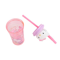 3D figurine tumbler with Hello Kitty cat topper and pink straw, side view