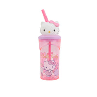 Hello Kitty 3D figurine tumbler, pink clear cup with straw and cat topper