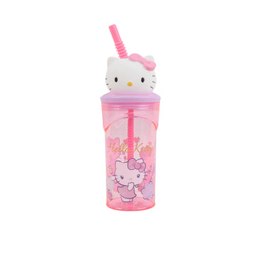 Hello Kitty 3D figurine tumbler, pink clear cup with straw and cat topper