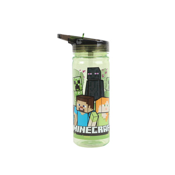 Large clear bottle with Minecraft characters, black flip top lid open