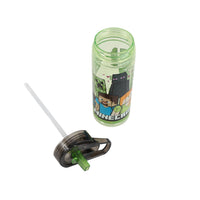 Large clear bottle with green Minecraft print, black lid and straw