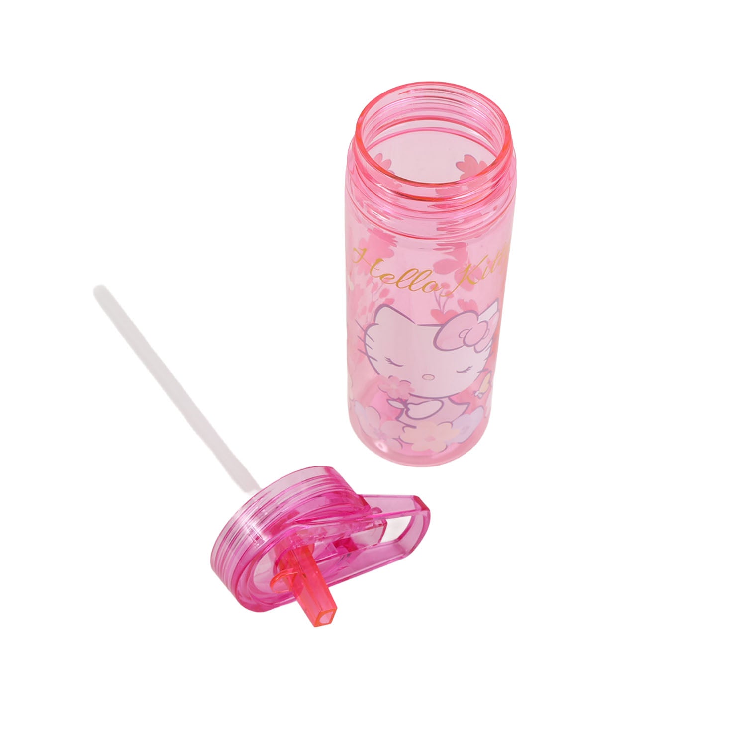 Hello Kitty large Ecozen water bottle in pink with straw and flip lid, top and straw view