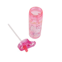 Hello Kitty large Ecozen water bottle in pink with straw and flip lid, top and straw view