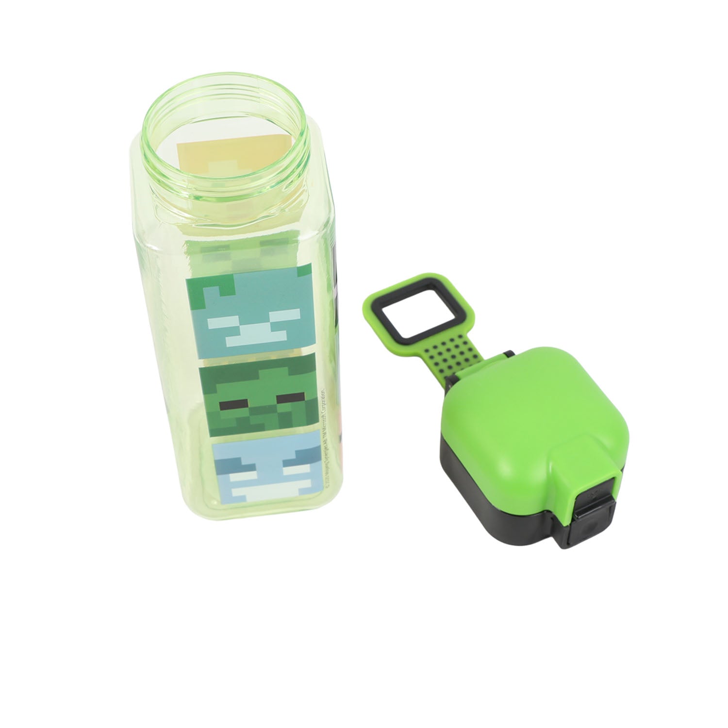 Clear square Minecraft bottle with green graphics and black-green safety lock clip