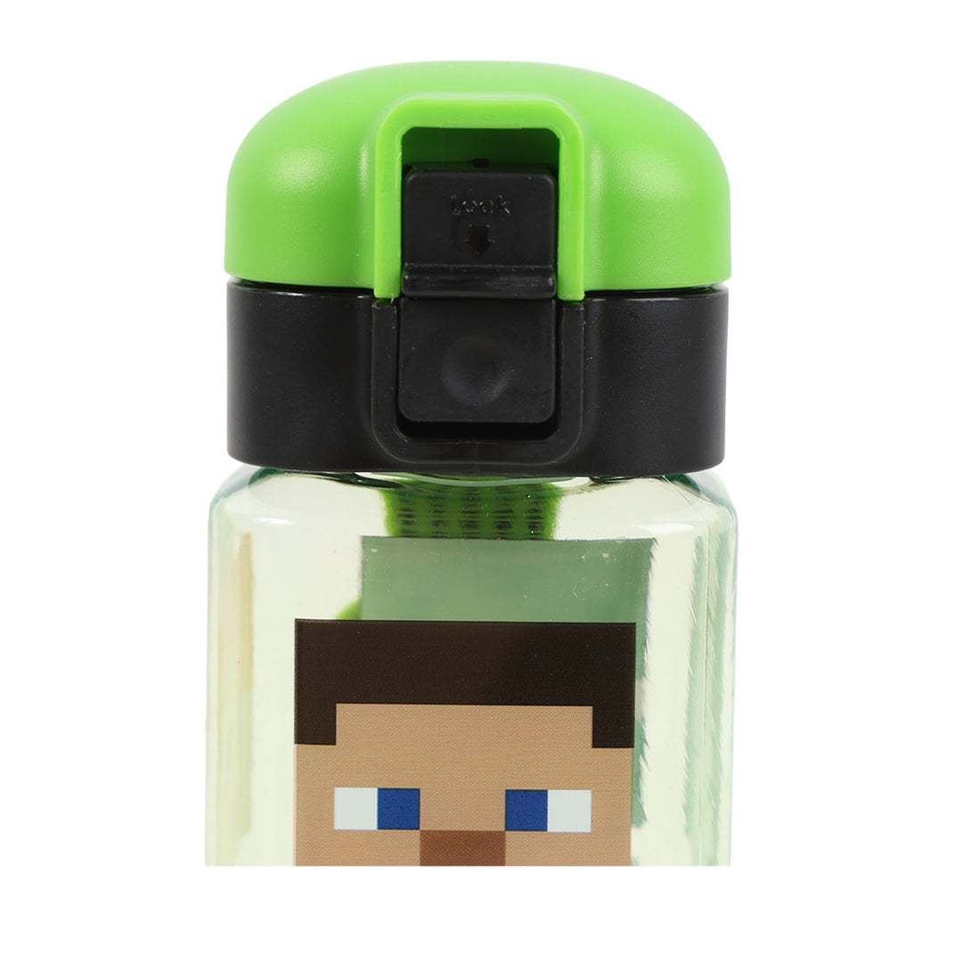 Clear square bottle with green cap, black safety lock, and Minecraft character print