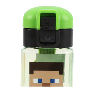 Clear square bottle with green cap, black safety lock, and Minecraft character print