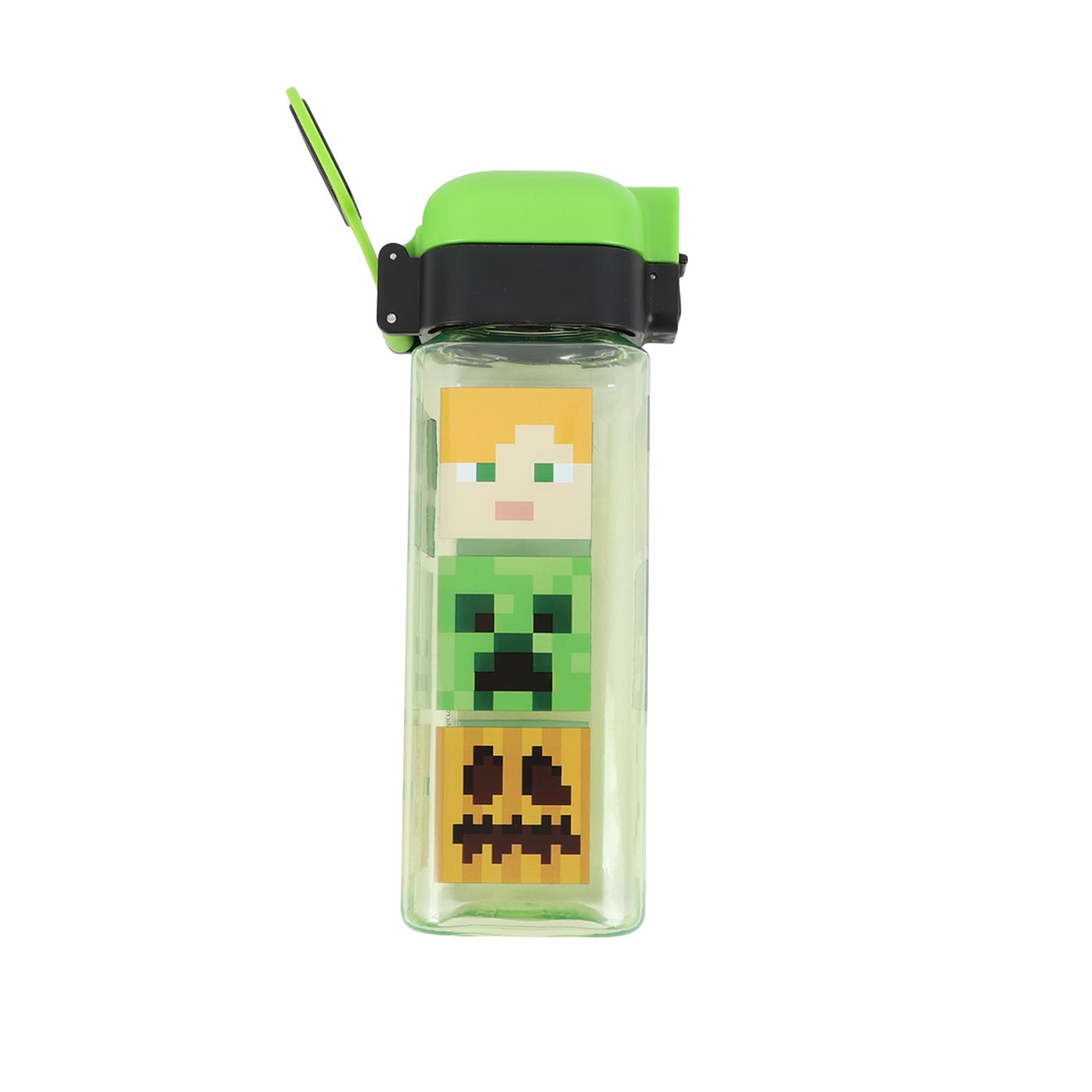 Clear square bottle with green cap and black band, with drinking straw; Minecraft art