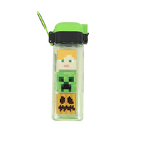 Clear square bottle with green cap and black band, with drinking straw; Minecraft art