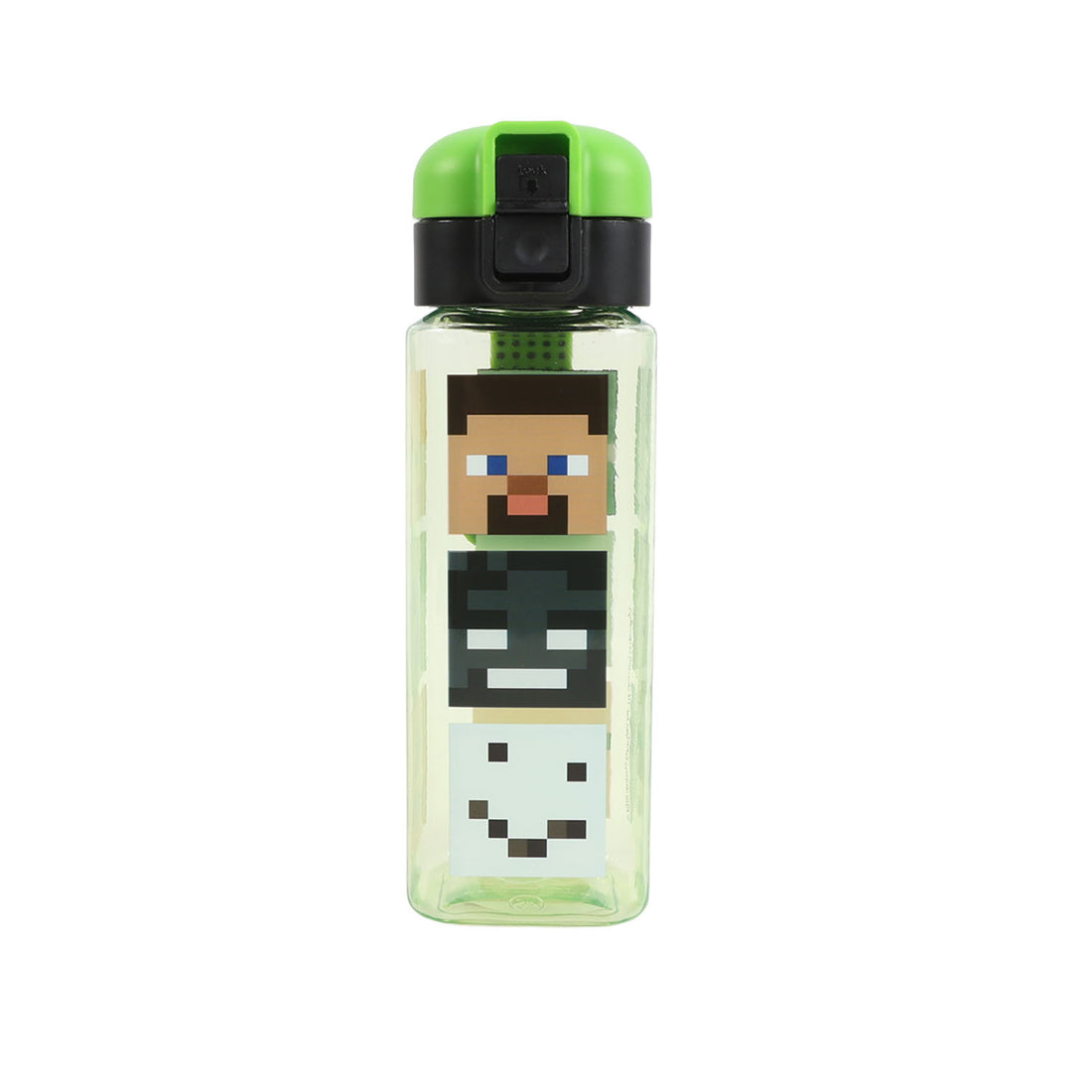 Clear square bottle with green cap, black top, and Minecraft character graphic on front