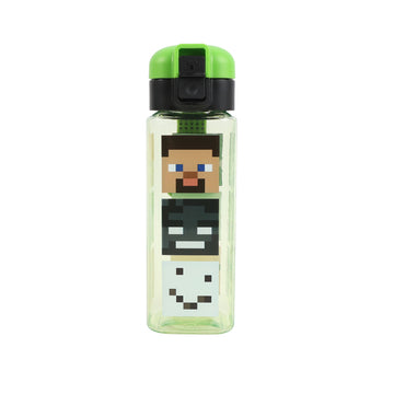 Clear square bottle with green cap, black top, and Minecraft character graphic on front