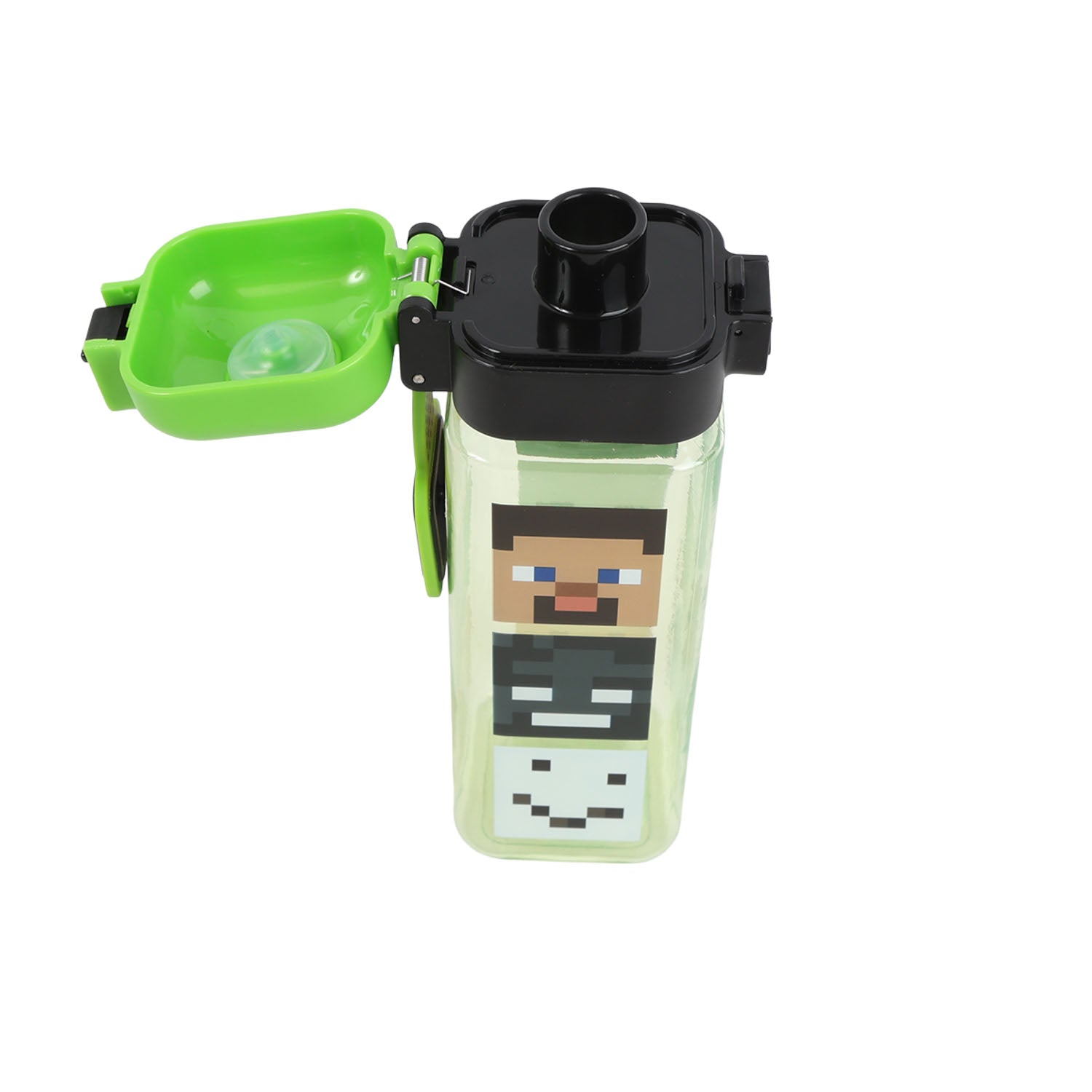 Clear square bottle with green cap, black top, and open green safety-lock lid