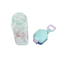 Kids plastic water bottle with mint lid and pink handle, blonde princess character print