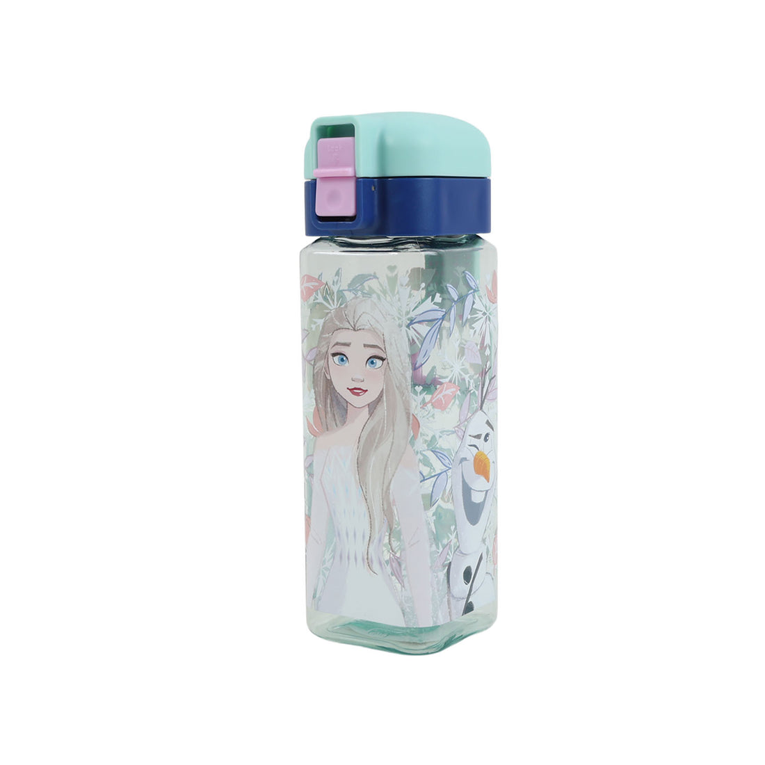 Kids plastic water bottle with blue latch and mint lid, blonde princess portrait print