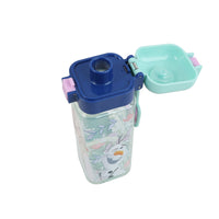 Kids plastic water bottle with flip-up cup lid and blue spout, winter scene print