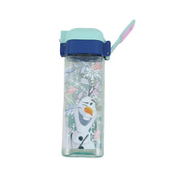 Kids plastic water bottle with blue latch and flip handle, winter character print