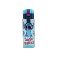 Square clear bottle with Stitch cartoon, turquoise-and-navy safety-lock lid, purple latch.