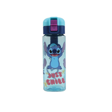 Square clear bottle with Stitch cartoon, turquoise-and-navy safety-lock lid, purple latch.