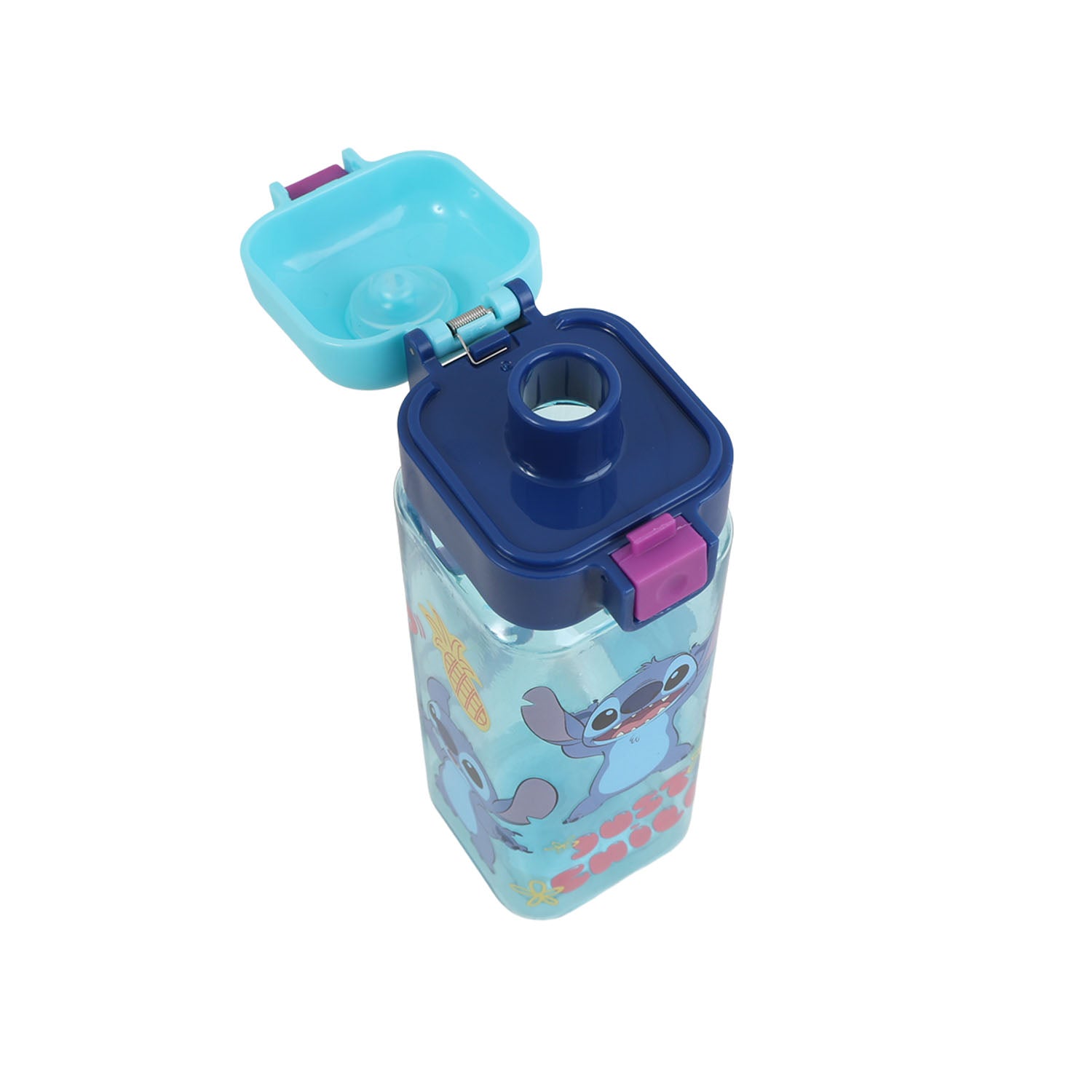 Square clear bottle with open turquoise cup top, navy safety-lock, and Stitch print.
