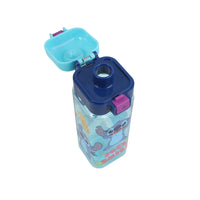 Square clear bottle with open turquoise cup top, navy safety-lock, and Stitch print.