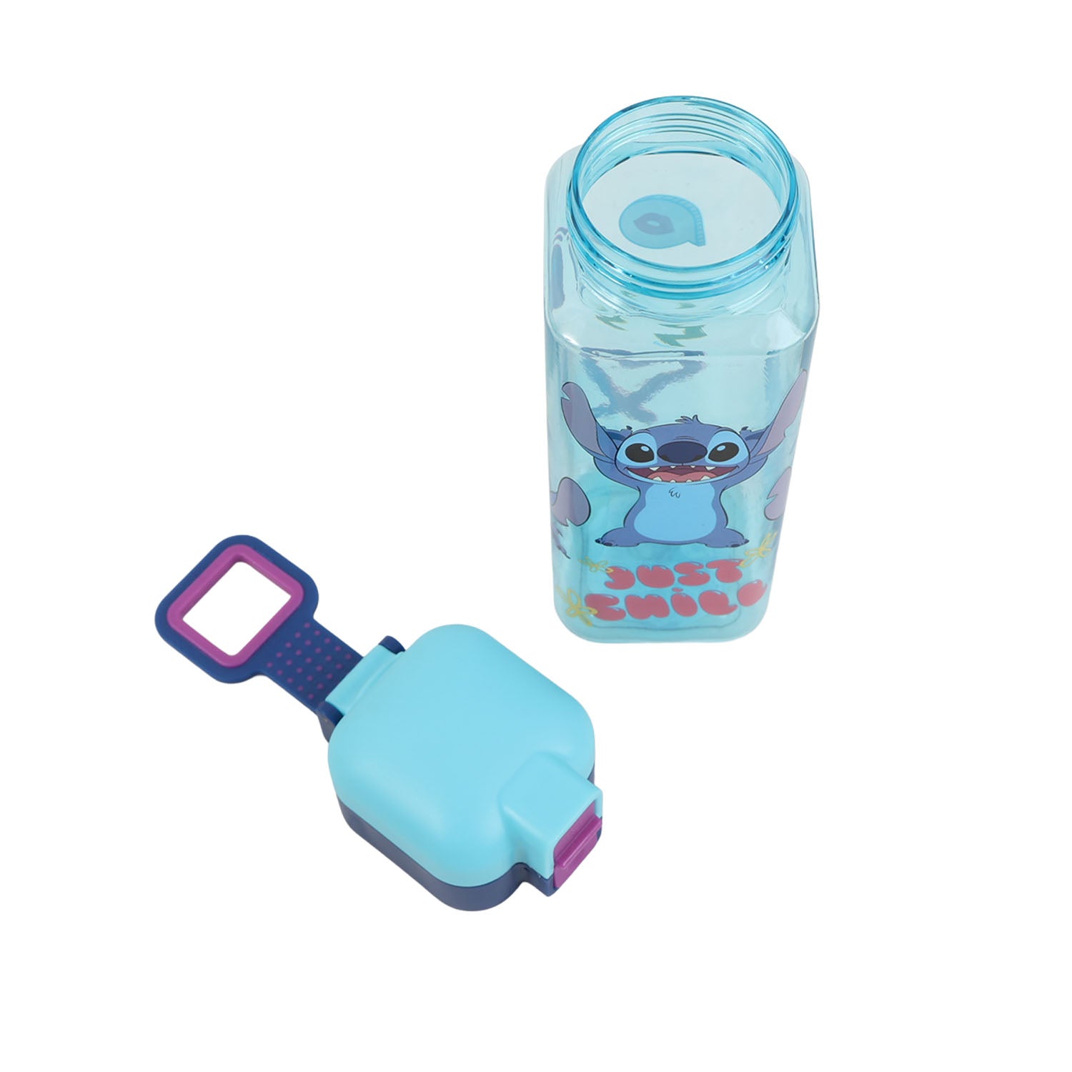Square clear water bottle with turquoise lid, purple lock strap, Stitch cartoon print.