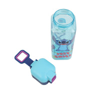 Square clear water bottle with turquoise lid, purple lock strap, Stitch cartoon print.