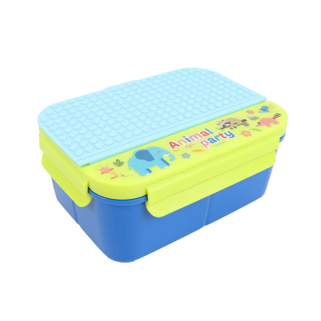 Three-compartment lunch box with animal party graphic, blue and yellow.