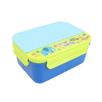Three-compartment lunch box with animal party graphic, blue and yellow.