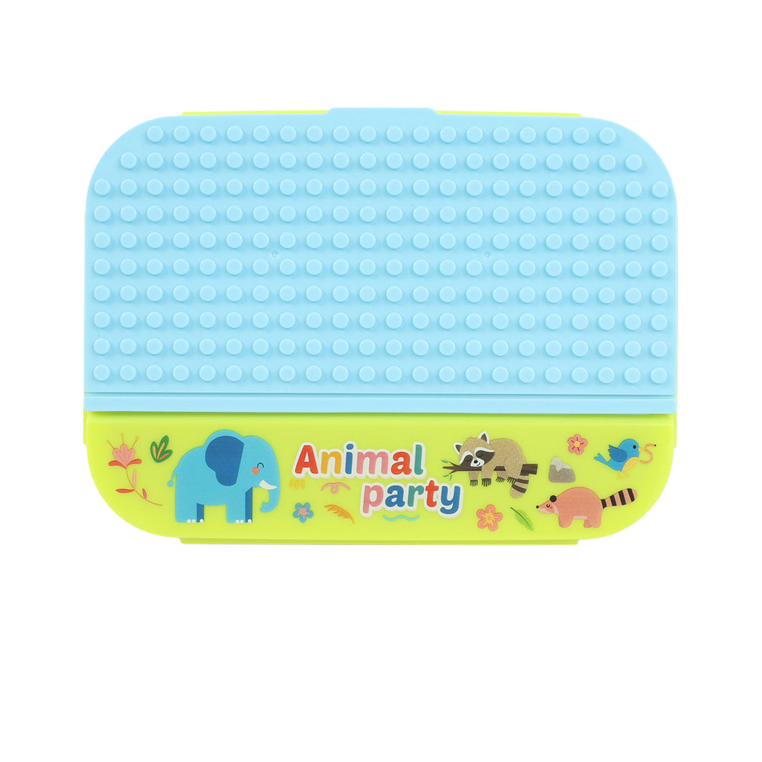 Two-tone lunch box with light blue lid texture and animal party front graphic.