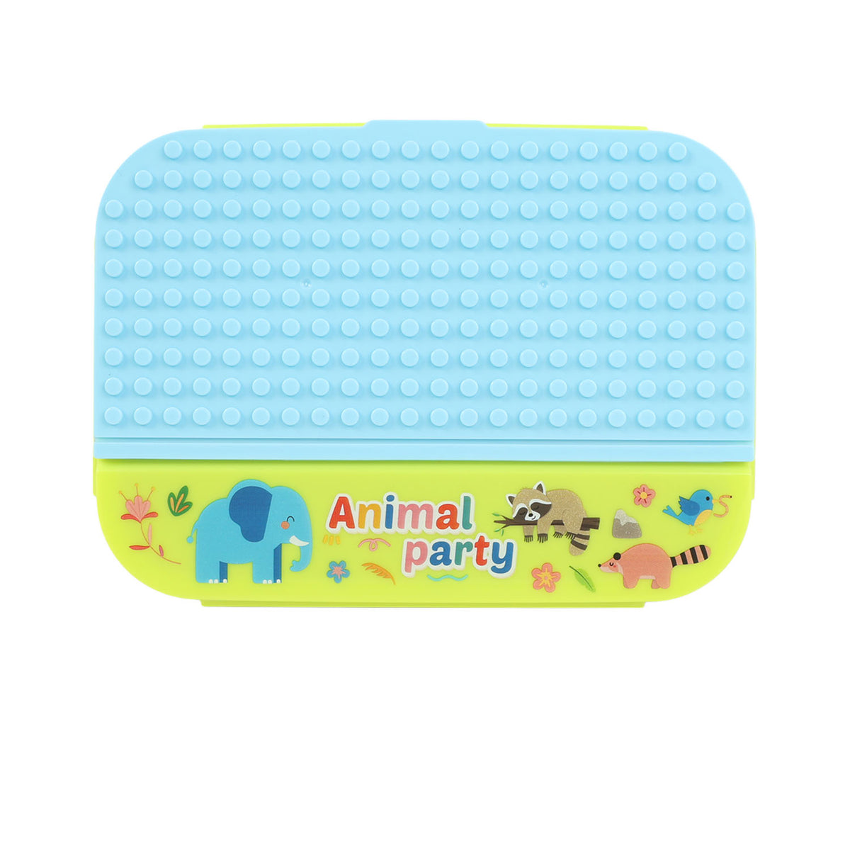 Two-tone lunch box with light blue lid texture and animal party front graphic.