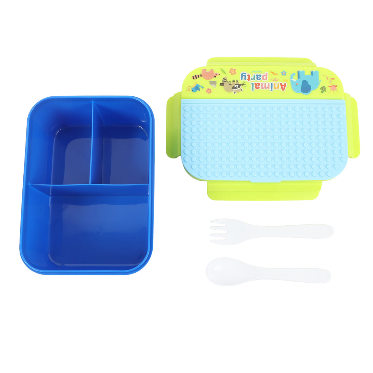 Open three-compartment lunch box showing blue interior and light blue lid.