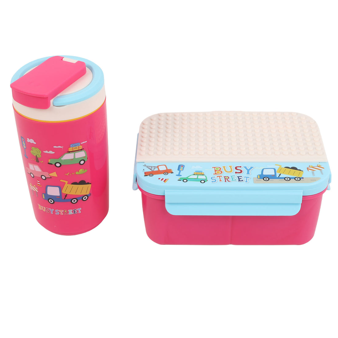 Three-compartment bento box with Busy Street design and pink drink bottle, snap lids