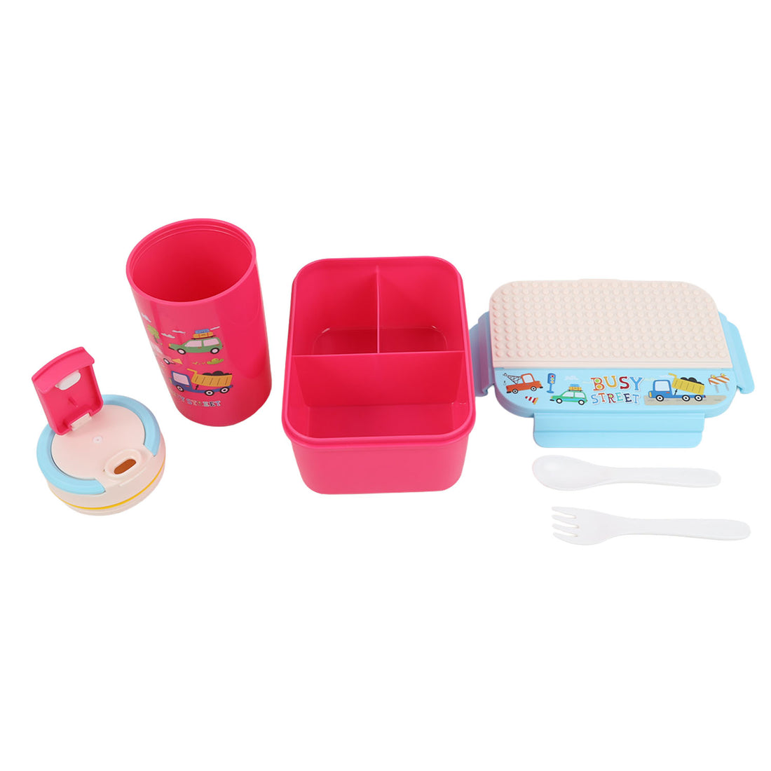 Pink three-compartment bento box open with utensils; Busy Street design and matching bottle