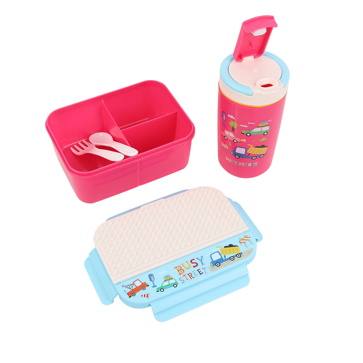 Pink three-compartment bento box with utensils and Busy Street lid, plus pink drink bottle