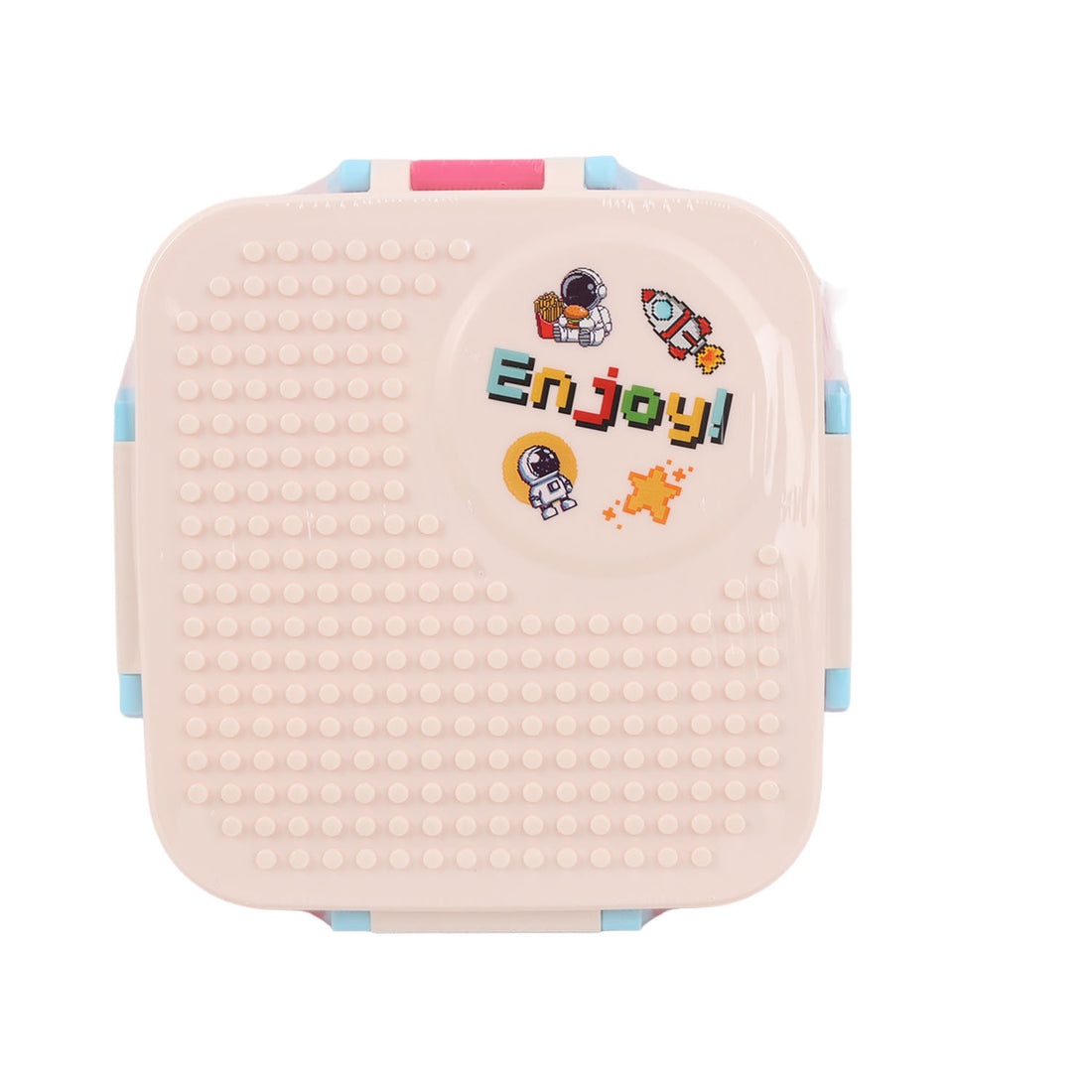 Pink and cream building-block style lunch box with blue corner latches and front graphic