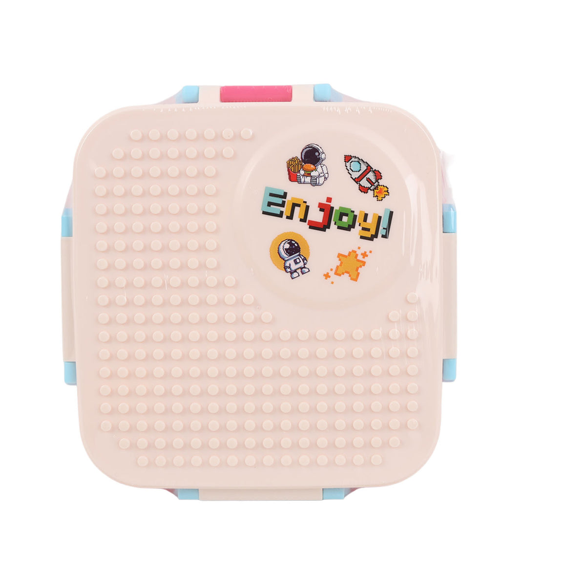 Pink and cream building-block style lunch box with blue corner latches and front graphic
