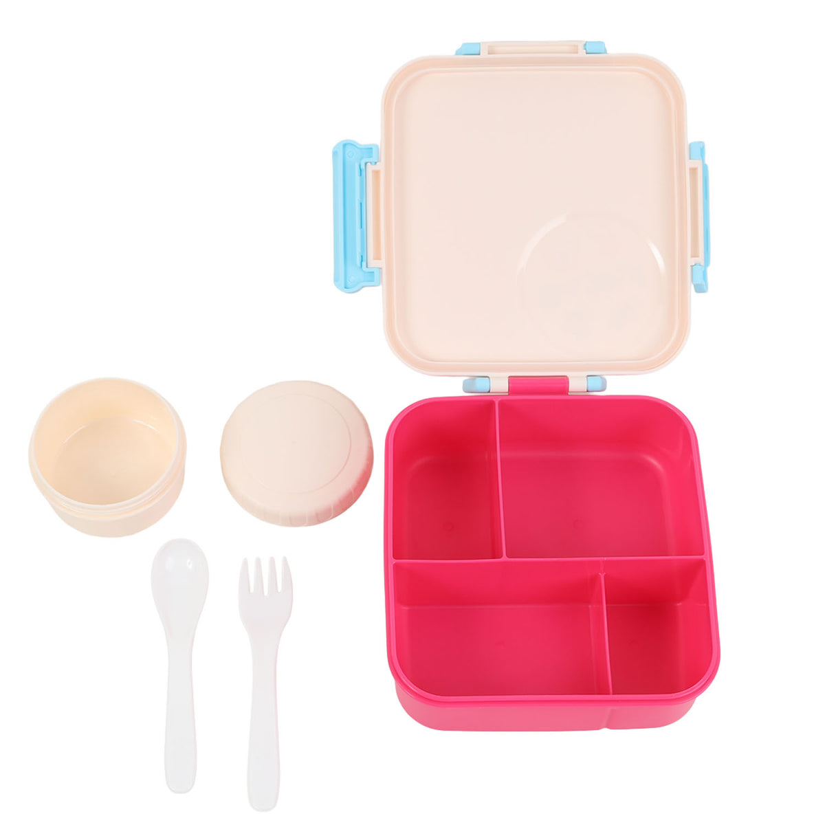 Open pink lunch box with pale lid, divided compartments, and included fork and spoon