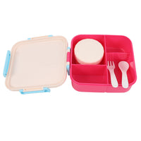Side view of pink lunch box open with utensil set and round food container inside